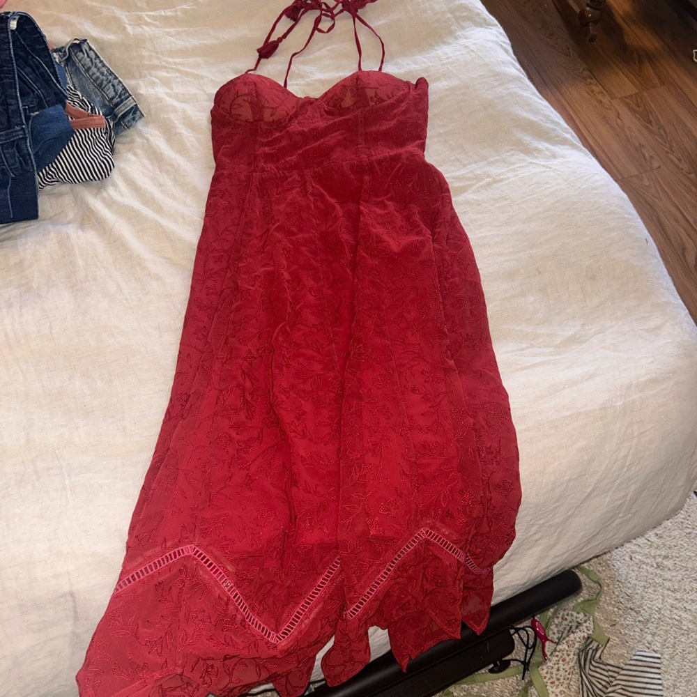 For Love & Lemons Red Lace Halter Midi Dress